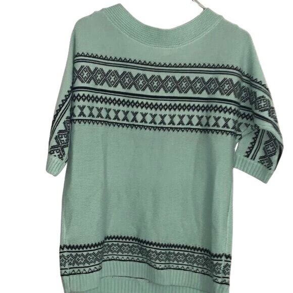 New York & Company Mint Green Sweater With Black Geometric Print V-Neck 3/4 Slee - Picture 6 of 8